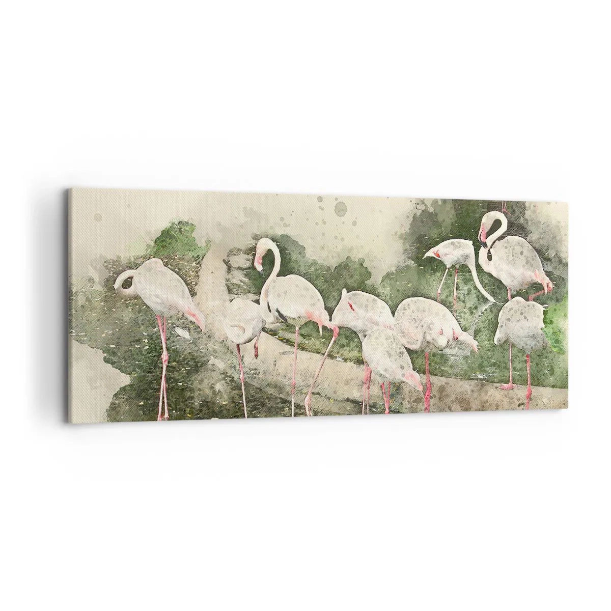 Bild auf Leinwand - Leinwandbild - Flamingos in ihrer natürlichen Umgebung im Aquarellstil - 120x50cm - Exotischer Traum - Moderne Wanddekoration für Wohnzimmer und Schlafzimmer ARTTOR