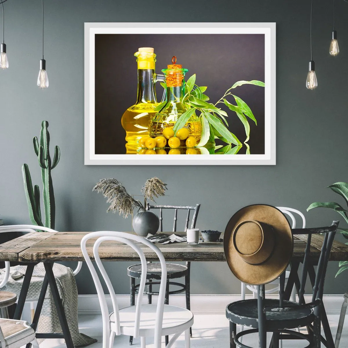 Poster in einem weißen Rahmen - Stillleben mit Oliven und Olivenöl - 100x70 cm
