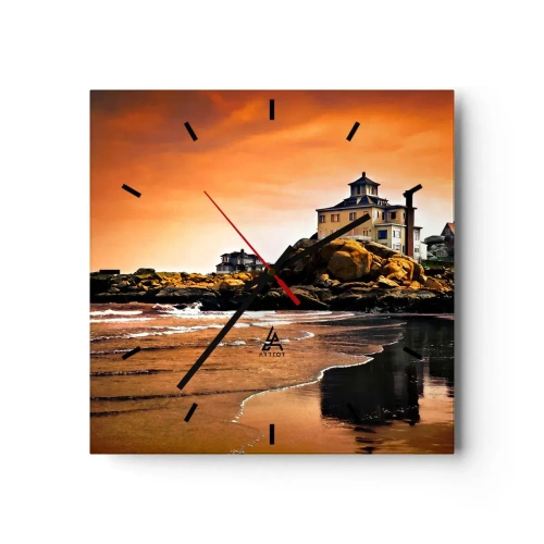 Wanduhr - Glasuhr - Ein Haus auf einem Felsen am Strand bei Sonnenuntergang mit seiner Spiegelung im Wasser - 30x30cm - Eleganz der Westküste - Moderne Wanddekoration für Wohnzimmer und Schlafzimmer ARTTOR