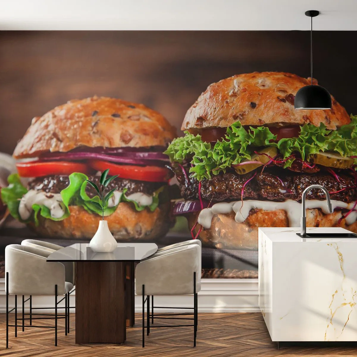 Fototapete Premium Sand - Appetitliche Burger mit saftigem Fleisch und frischem Gemüse - 100x70cm - Amerikanischer Traum - Moderne Wanddekoration für Wohnzimmer und Schlafzimmer ARTTOR