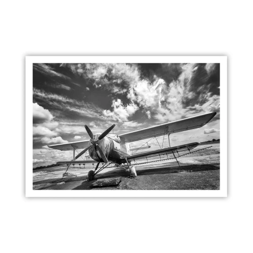 Poster - Ein altes Flugzeug auf dem Flughafen in Schwarz und Weiß - 100x70cm - Ich kann es kaum erwarten! - Moderne Wanddekoration für Wohnzimmer und Schlafzimmer ARTTOR