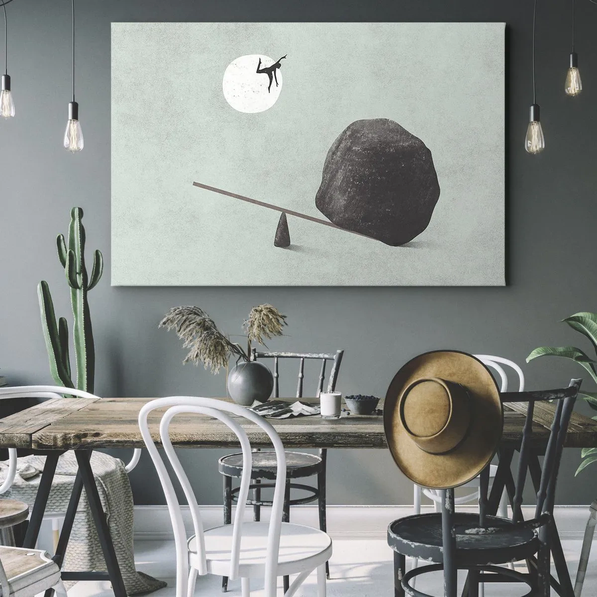 Bild auf Leinwand - Leinwandbild - Eine symbolische Szene mit einer Figur und einem Gleichgewicht vor einem hellen Himmel. - 70x50cm - Erfüllte Träume - Moderne Wanddekoration für Wohnzimmer und Schlafzimmer ARTTOR