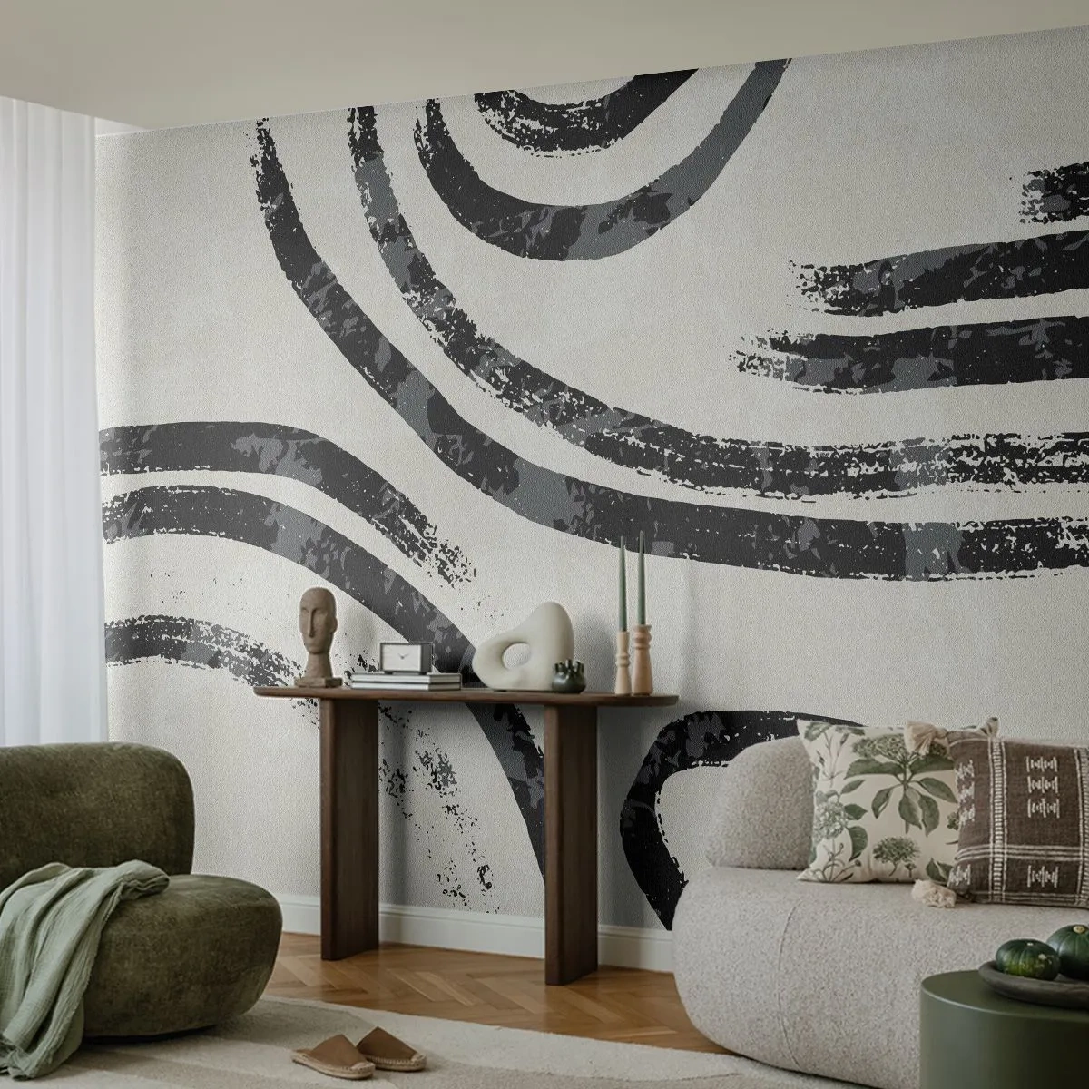 Fototapete Premium Sand - Schwarze grafische Linien auf hellem, strukturiertem Hintergrund - 100x70cm - Bei Hälfte angehalten - Moderne Wanddekoration für Wohnzimmer und Schlafzimmer ARTTOR