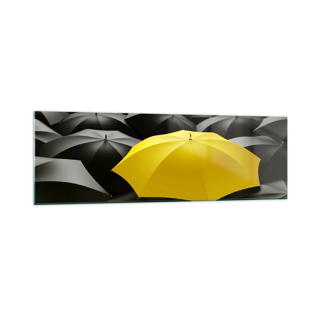 Glasbild - Bild auf glas - Ein gelber Regenschirm zwischen schwarzen Regenschirmen - 160x50cm - Auf Wiedersehen Trauer - Moderne Wanddekoration für Wohnzimmer und Schlafzimmer ARTTOR