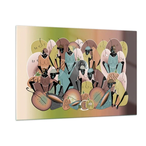 Glasbild - Bild auf glas - Eine abstrakte Illustration von Figuren in Beige-, Grün- und Rosatönen. - 120x80cm - Ein toller Urlaub steht bevor - Moderne Wanddekoration für Wohnzimmer und Schlafzimmer ARTTOR