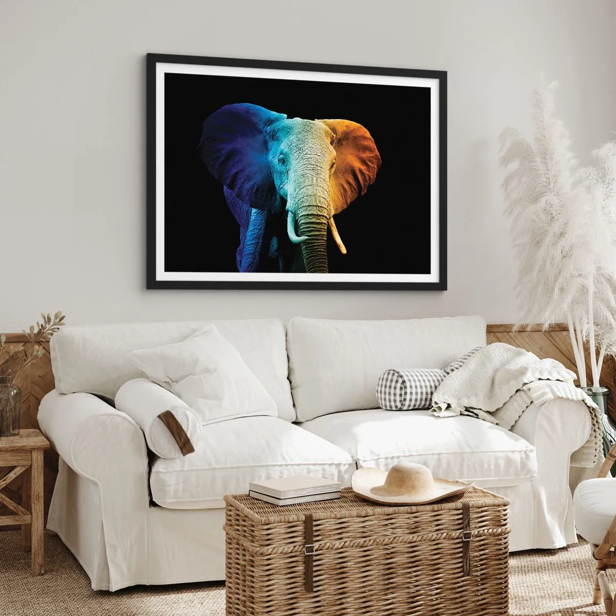 Poster in einem schwarzem Rahmen - Elefantenporträt in Regenbogenfarben - 100x70cm - Exzentrisch, kein Verrückter - Moderne Wanddekoration für Wohnzimmer und Schlafzimmer ARTTOR