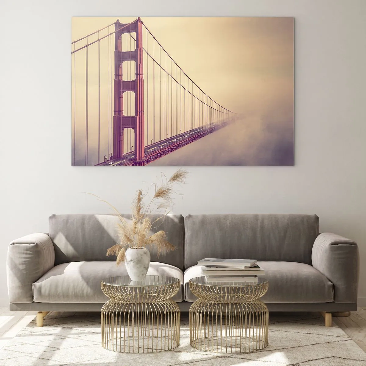 Glasbild - Bild auf glas - San Franciscos Golden Gate Bridge in einer nebligen Landschaft - 70x50cm - Zwischen Himmel und Erde - Moderne Wanddekoration für Wohnzimmer und Schlafzimmer ARTTOR