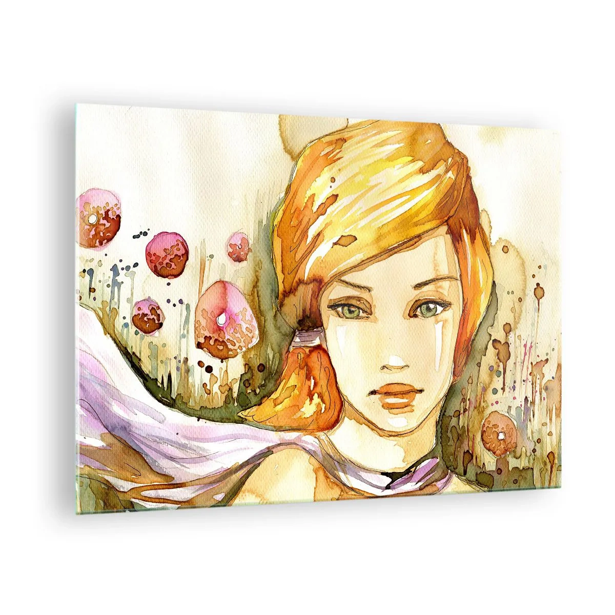 Glasbild - Bild auf glas - Porträt einer Frau im Aquarellstil mit Abstraktion - 70x50cm - Ein smaragdgrüner Look, der die Wut beruhigt - Moderne Wanddekoration für Wohnzimmer und Schlafzimmer ARTTOR