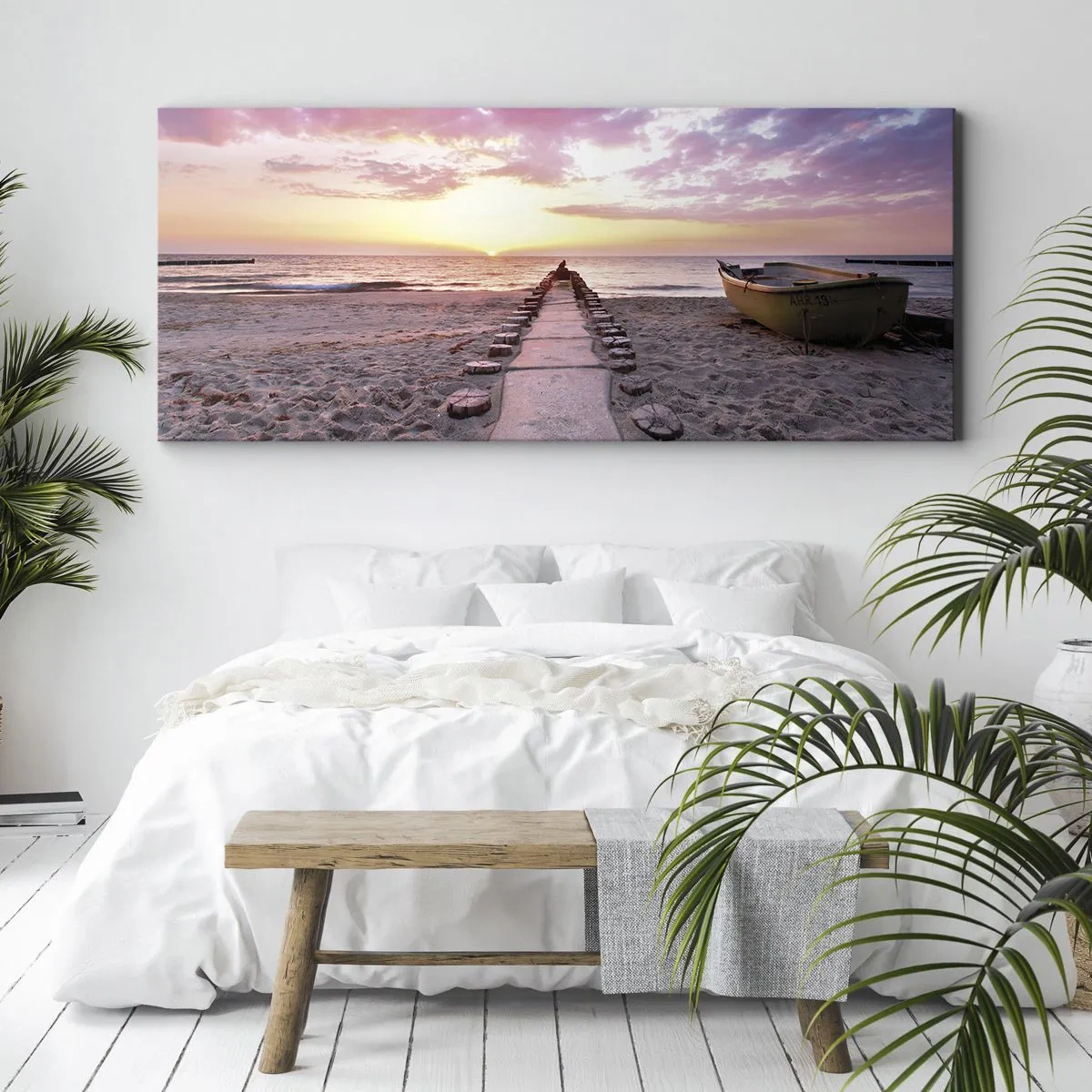 Bild auf Leinwand - Leinwandbild - Sunrise Beach mit Boot und Pier - 160x50cm - Ein Moment tiefer Erfahrung - Moderne Wanddekoration für Wohnzimmer und Schlafzimmer ARTTOR