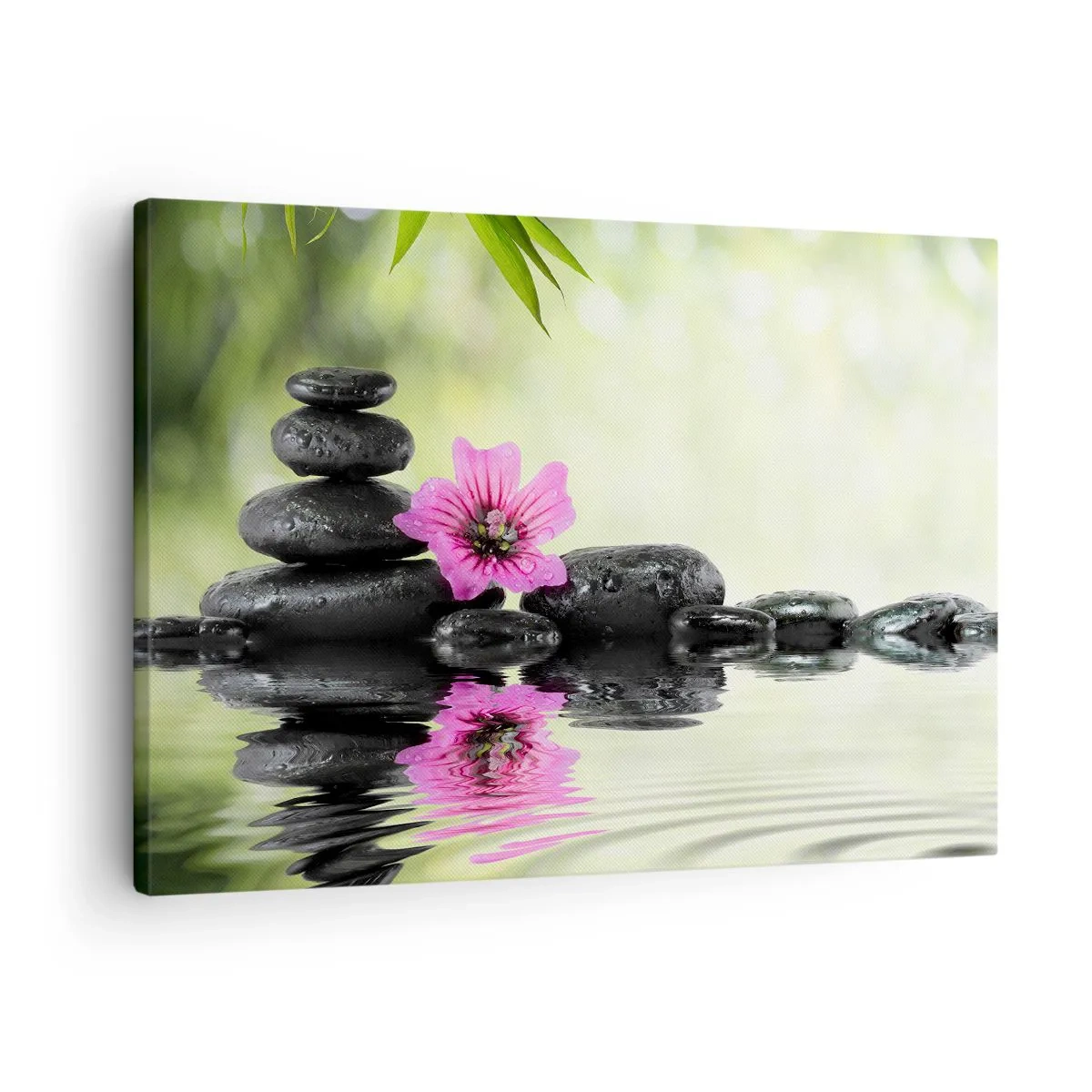 Bild auf Leinwand - Leinwandbild - Zen-Steine und eine rosa Blume spiegeln sich im Wasser - 70x50cm - Zeit für die Seele - Moderne Wanddekoration für Wohnzimmer und Schlafzimmer ARTTOR