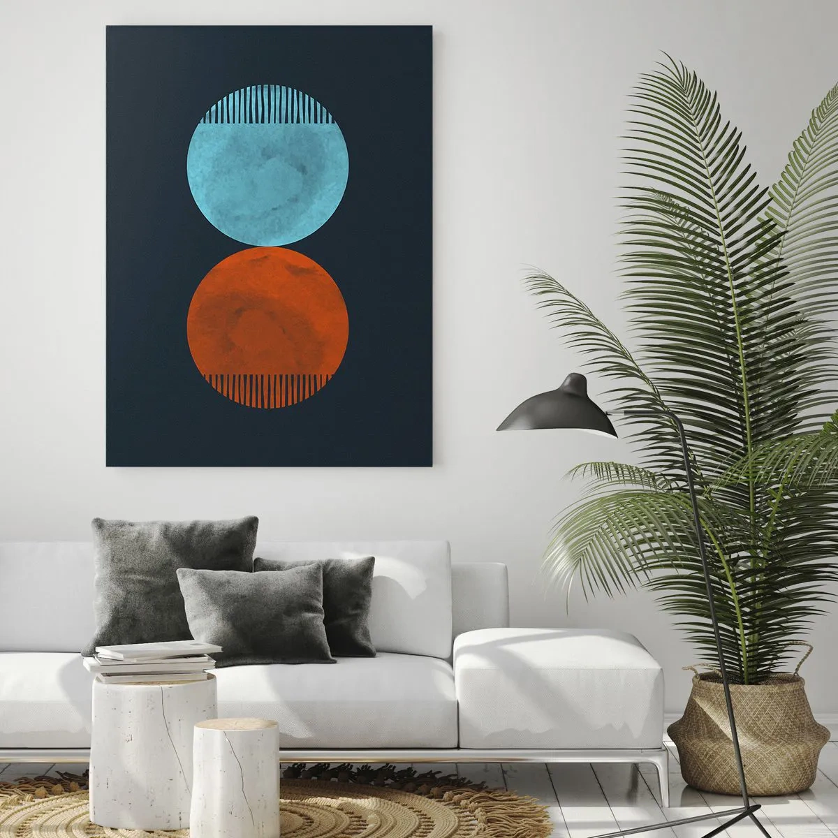 Glasbild - Bild auf glas - Minimalistisches Zweirad-Design in Blau und Orange - 70x100cm - Nur Geometrie? - Moderne Wanddekoration für Wohnzimmer und Schlafzimmer ARTTOR