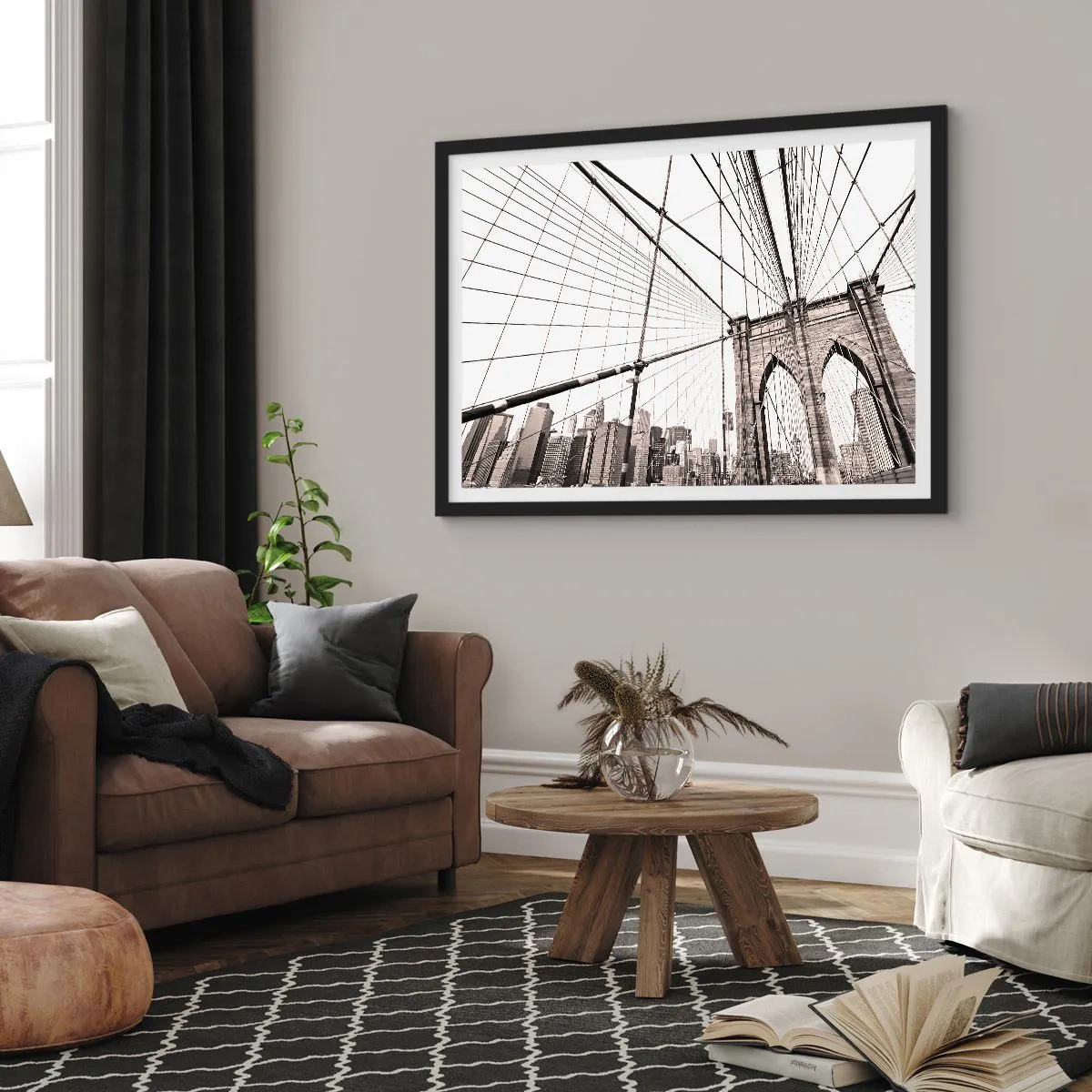 Poster in einem schwarzem Rahmen - Die Brooklyn Bridge in Schwarzweiß - 70x50cm - New Yorker Kathedrale - Moderne Wanddekoration für Wohnzimmer und Schlafzimmer ARTTOR