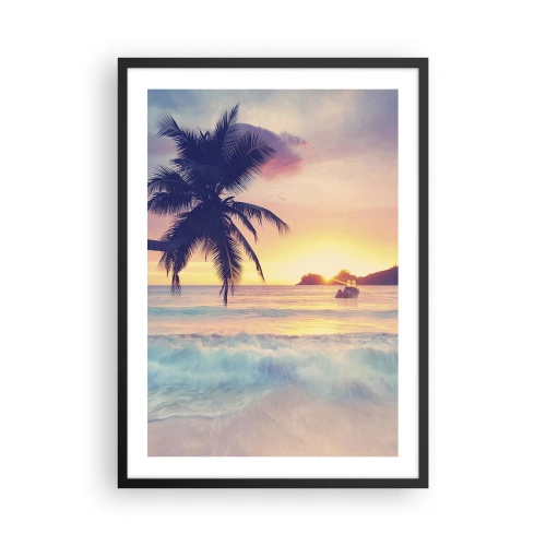 Poster in einem schwarzem Rahmen - Palme am Strand bei Sonnenuntergang - 50x70cm - Ein Abend in der Bucht - Moderne Wanddekoration für Wohnzimmer und Schlafzimmer ARTTOR