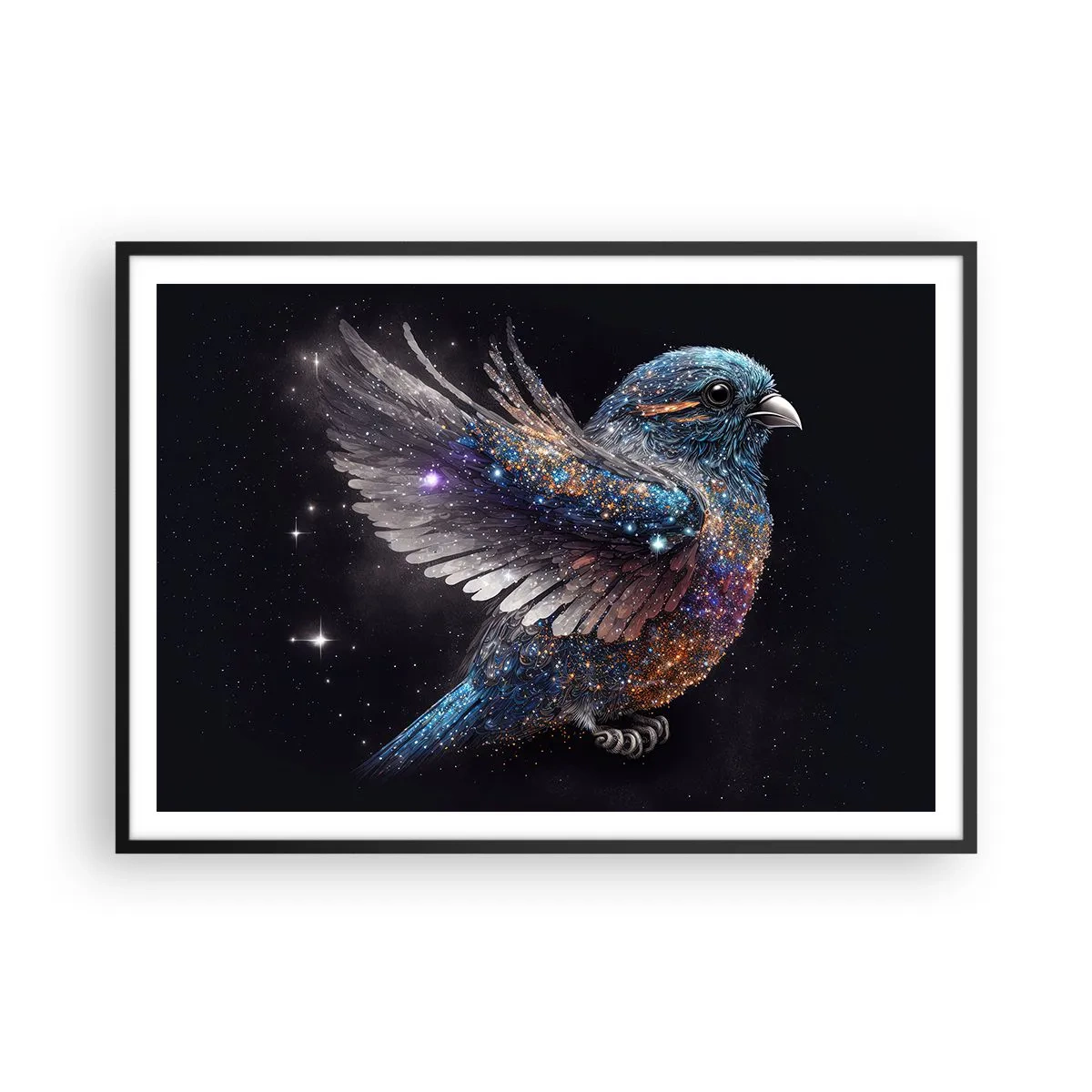 Poster in einem schwarzem Rahmen - Ein Spatz im Space-Age-Stil mit Diamantglanz - 100x70cm - Diamantsperling - Moderne Wanddekoration für Wohnzimmer und Schlafzimmer ARTTOR