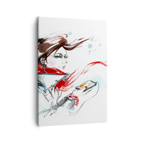 Bild auf Leinwand - Leinwandbild - Eine Frau in einem roten Schal mit dynamischen Aquarellstrichen - 50x70cm - Mit mir stimmt was nicht - Moderne Wanddekoration für Wohnzimmer und Schlafzimmer ARTTOR