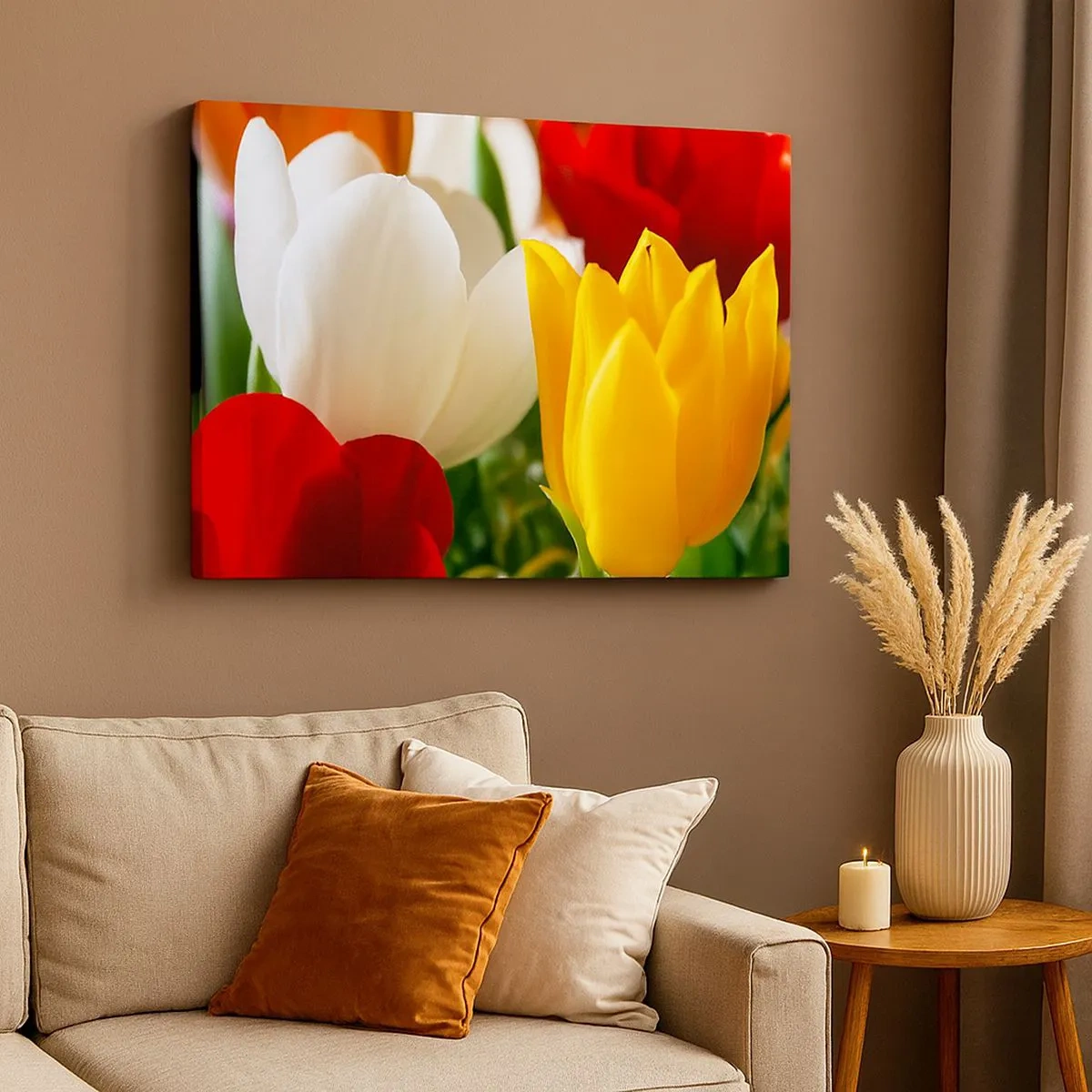 Bild auf Leinwand - Leinwandbild - Nahaufnahme von bunten Tulpen vor einem Frühlingshintergrund - 70x50cm - Tulpenfieber - Moderne Wanddekoration für Wohnzimmer und Schlafzimmer ARTTOR