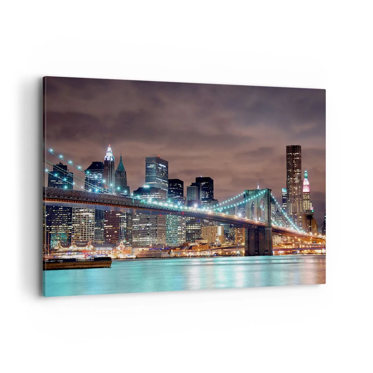 Bild auf Leinwand - Leinwandbild - Die nachts beleuchtete Brücke vor dem Hintergrund des modernen Stadtpanoramas - 120x80cm - Lichter der Großstadt - Moderne Wanddekoration für Wohnzimmer und Schlafzimmer ARTTOR