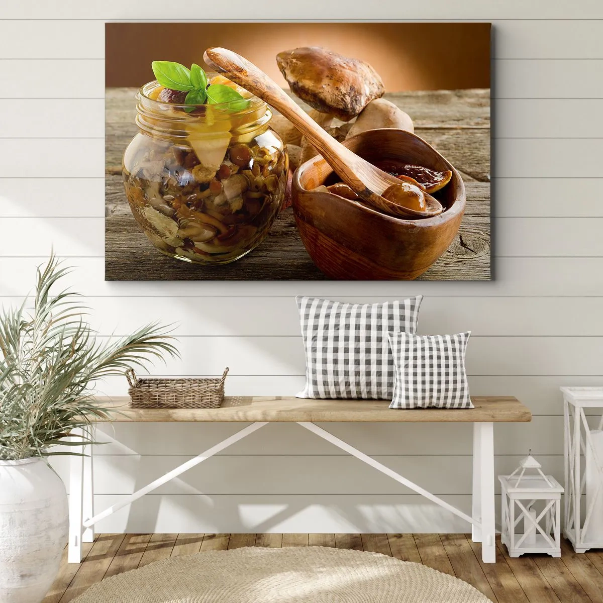 Bild auf Leinwand - Leinwandbild - Natürliche Pilze in einem Glas auf einem rustikalen Tisch - 70x50cm - Ob frisch oder gesalzen, oder in der Herbstsaison ... - Moderne Wanddekoration für Wohnzimmer und Schlafzimmer ARTTOR