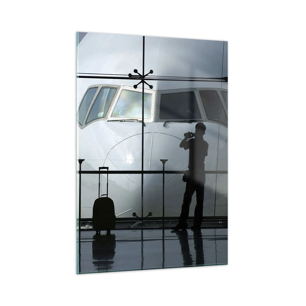 Glasbild - Bild auf glas - Flughafen mit Blick auf das Flugzeug und Silhouetten von Reisenden - 50x70cm - Vis a vis am Flughafen - Moderne Wanddekoration für Wohnzimmer und Schlafzimmer ARTTOR