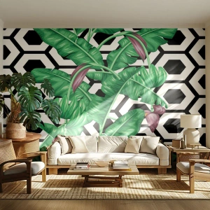 Fototapete Premium Sand - Exotische Bananenblätter auf geometrischem Hintergrund - 100x70cm - Von Natur aus eine symmetrische Komposition - Moderne Wanddekoration für Wohnzimmer und Schlafzimmer ARTTOR