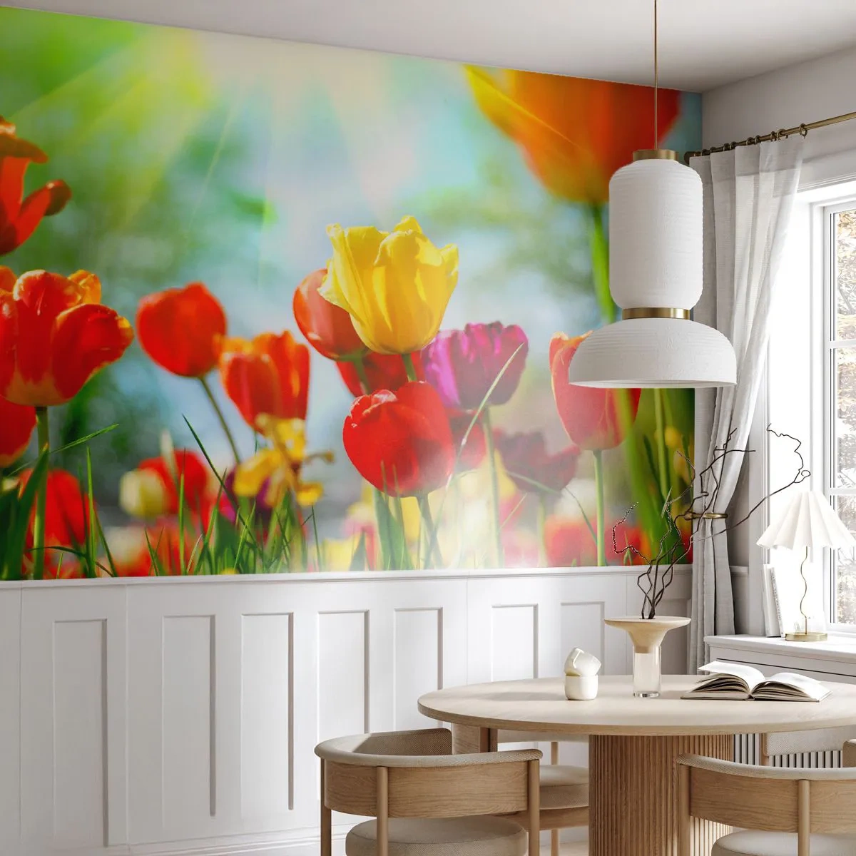 Fototapete Premium Sand - Alle Farben der Sonne - Tulpen, Blumen, Wiese - 400x280 cm