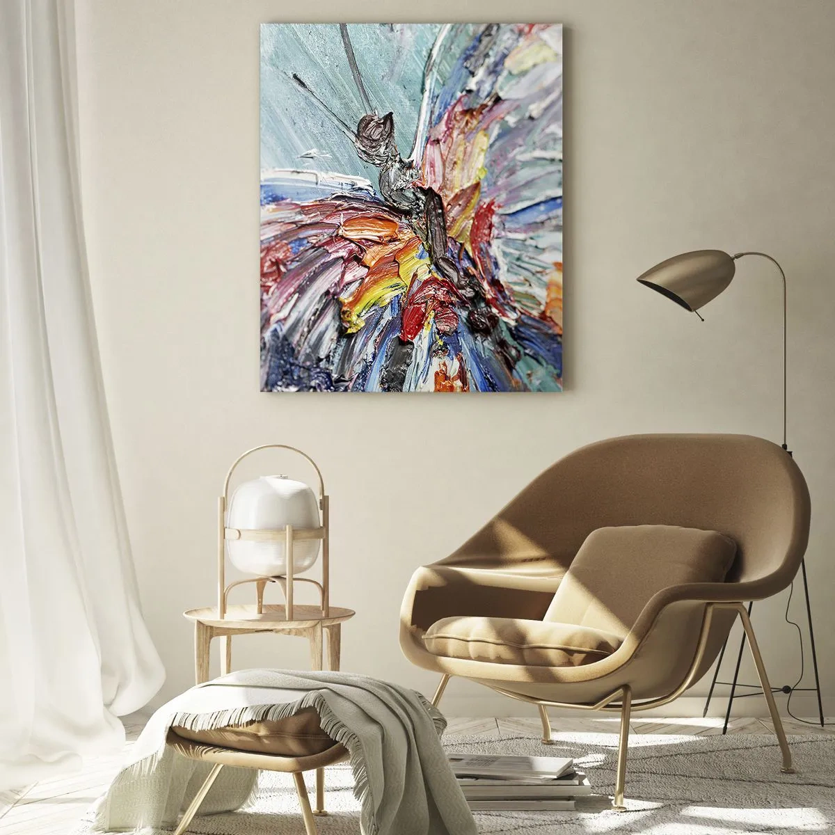 Glasbild - Bild auf glas - Bunter Schmetterling im abstrakten Stil auf blauem Hintergrund - 50x70cm - Von der Natur gemalt - Moderne Wanddekoration für Wohnzimmer und Schlafzimmer ARTTOR