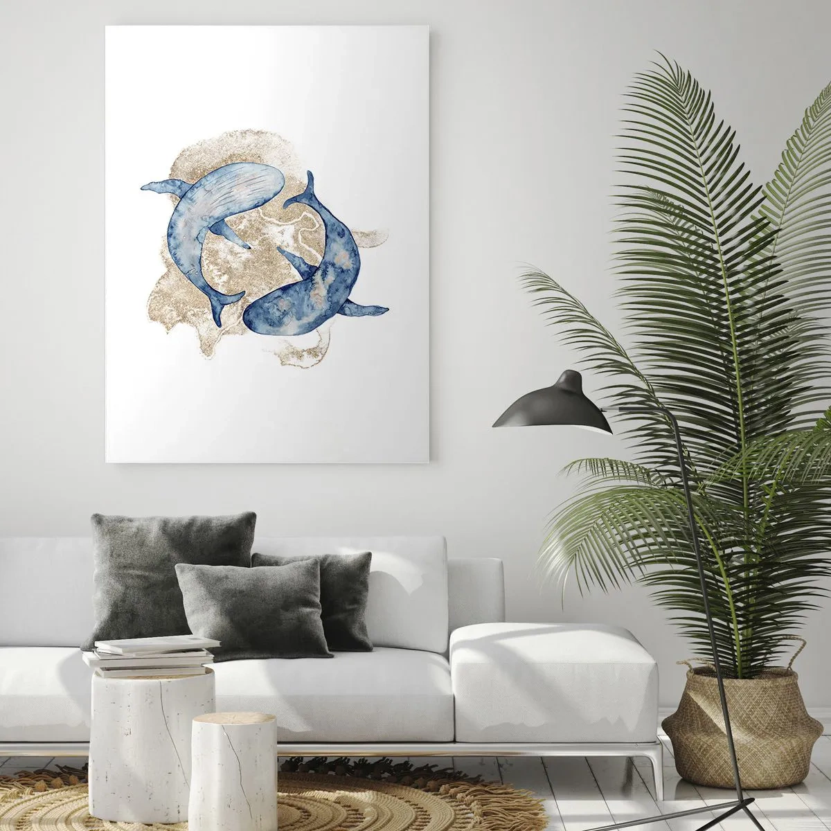 Glasbild - Bild auf glas - Abstrakte Blauwale auf hellem Hintergrund - 80x120cm - Freundschaft oder Liebe? - Moderne Wanddekoration für Wohnzimmer und Schlafzimmer ARTTOR