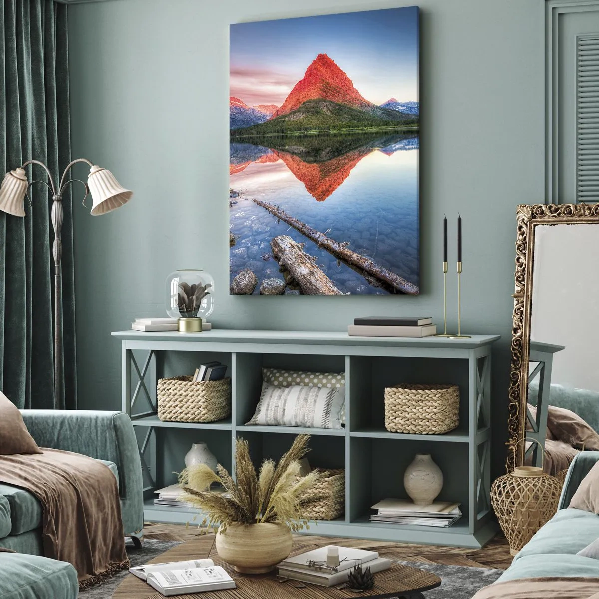 Bild auf Leinwand - Leinwandbild - Ein Berg, der sich bei Sonnenuntergang in einem See spiegelt - 80x120cm - Hitze und Kälte - Moderne Wanddekoration für Wohnzimmer und Schlafzimmer ARTTOR