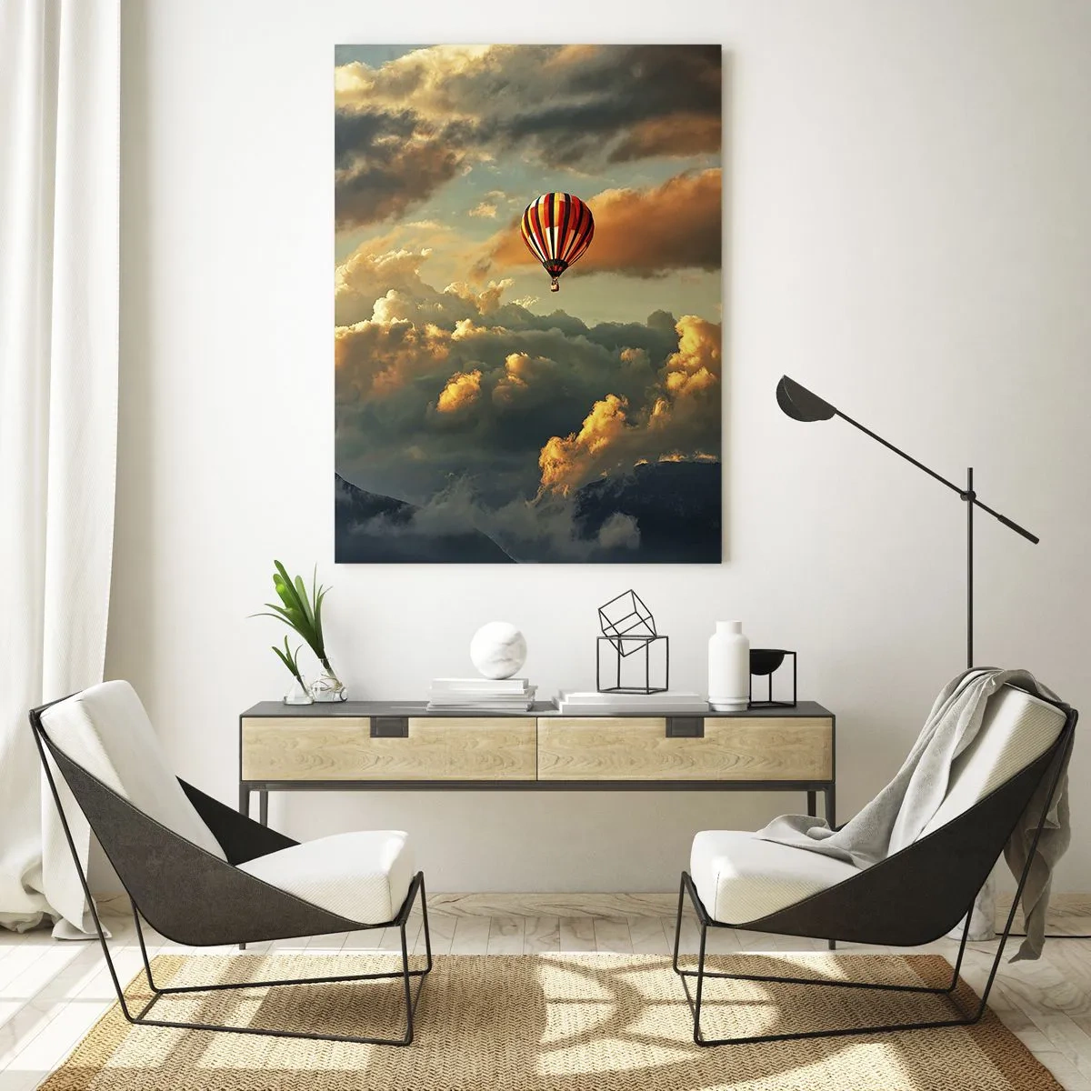 Glasbild - Bild auf glas - Ein Ballon vor dem Hintergrund dramatischer Wolken - 70x100cm - Ich fliege, weil ich es will - Moderne Wanddekoration für Wohnzimmer und Schlafzimmer ARTTOR