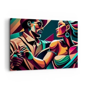Bild auf Leinwand - Leinwandbild - Ein stilisiertes Paar, das in leuchtenden, geometrischen Farben tanzt. - 120x80cm - Im Rhythmus des Herzens - Moderne Wanddekoration für Wohnzimmer und Schlafzimmer ARTTOR