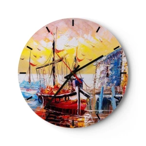 Wanduhr - Glasuhr - Segelboote am Kai im Licht der untergehenden Sonne - 30x30cm - Glückliche Rückkehr - Moderne Wanddekoration für Wohnzimmer, Küche und Schlafzimmer ARTTOR