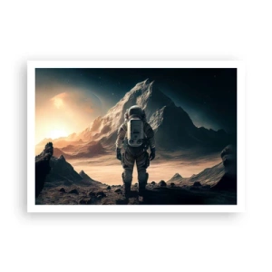 Poster - Astronaut vor der Kulisse majestätischer Berge - 100x70cm - Neue Herausforderung - Moderne Wanddekoration für Wohnzimmer und Schlafzimmer ARTTOR