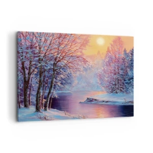 Bild auf Leinwand - Leinwandbild - Winterlandschaft mit Fluss und Bäumen bei Sonnenaufgang - 100x70cm - Die Farben des Winters - Moderne Wanddekoration für Wohnzimmer und Schlafzimmer ARTTOR