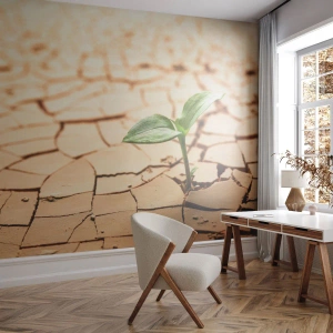 Fototapete Premium Sand - Eine junge Pflanze wächst aus trockener, rissiger Erde - 100x70cm - Die unbezähmbare Kraft des Lebens - Moderne Wanddekoration für Wohnzimmer und Schlafzimmer ARTTOR