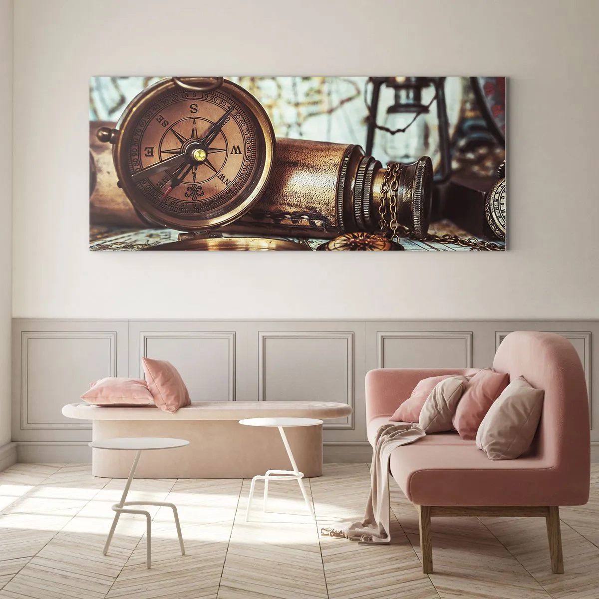 Glasbild - Bild auf glas - Ein Retro-Set mit Kompass, Teleskop und Karte im Reisethema - 120x50cm - Ein Piratenabenteuer in der Karibik wartet - Moderne Wanddekoration für Wohnzimmer und Schlafzimmer ARTTOR