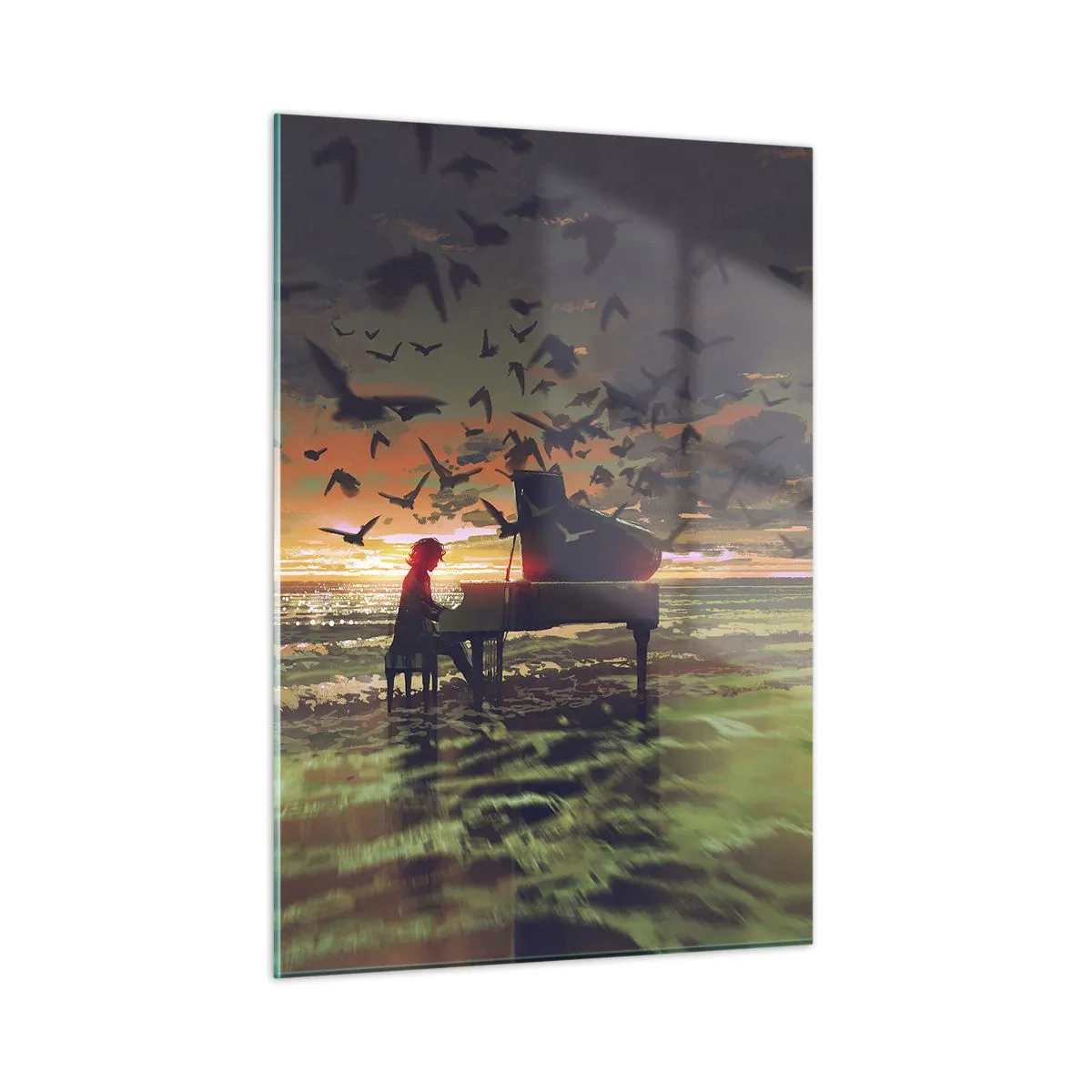Glasbild - Bild auf glas - Pianist spielt Klavier am Strand bei Sonnenuntergang - 50x70cm - Konzert für Klavier und Wellen - Moderne Wanddekoration für Wohnzimmer und Schlafzimmer ARTTOR