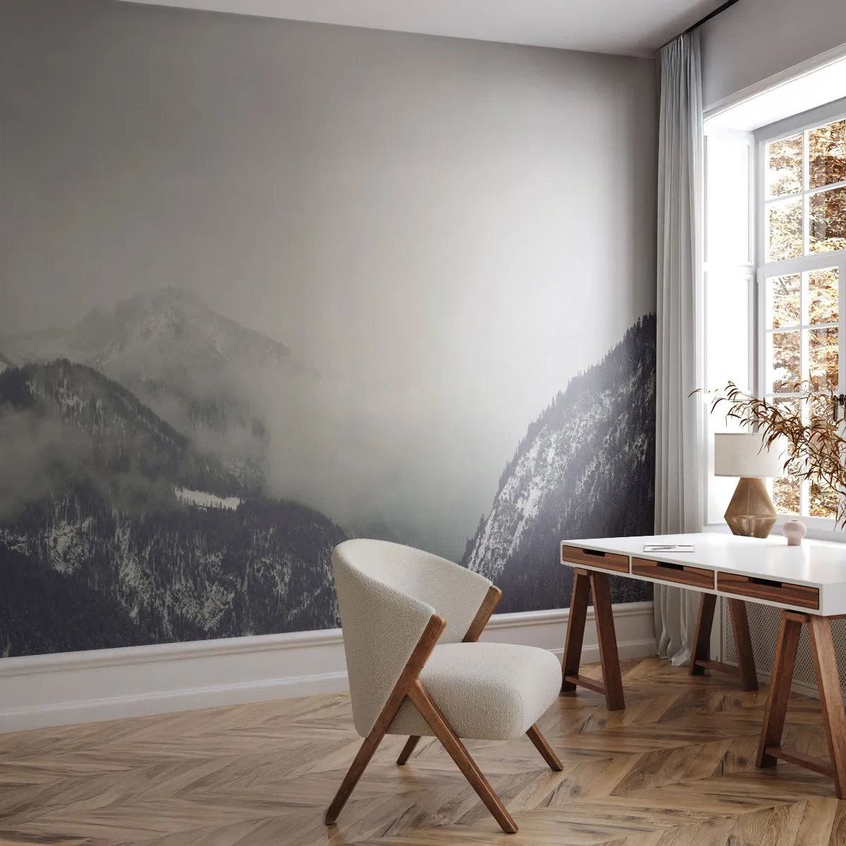 Fototapete Premium Sand - Nebliges Tal - Berge, Wald, Landschaft - 400x280 cm