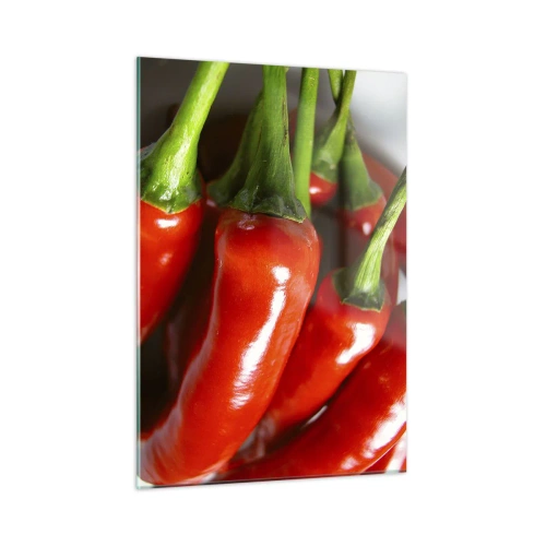 Glasbild - Bild auf glas - Rote Chilischoten mit grünen Stielen - 50x70cm - Saftig, glänzend, glatt - Moderne Wanddekoration für Wohnzimmer und Schlafzimmer ARTTOR