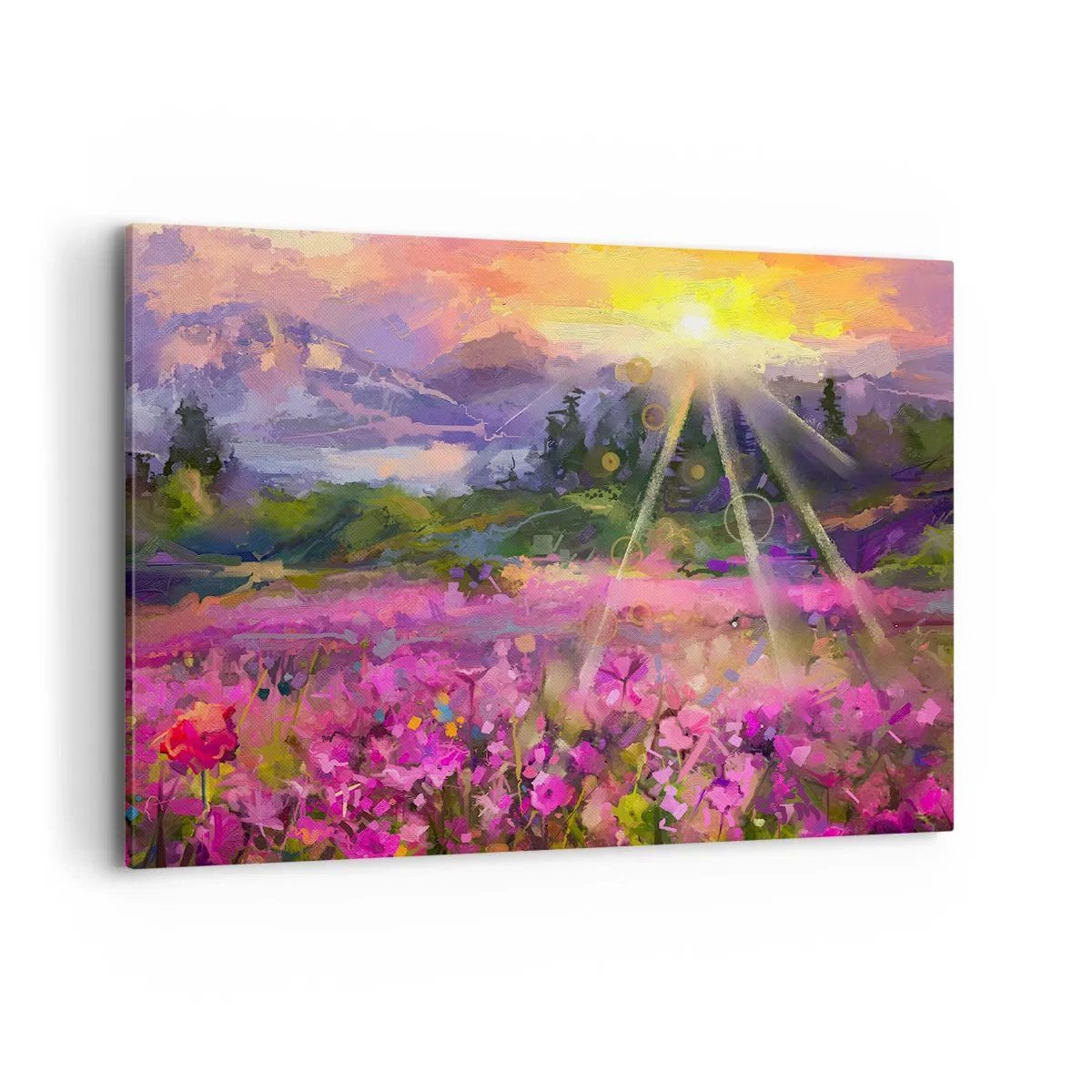 Bild auf Leinwand - Leinwandbild - Eine malerische Wiese in den Strahlen der untergehenden Sonne - 100x70cm - Im Tal unter dem Schutz der Sonne - Moderne Wanddekoration für Wohnzimmer und Schlafzimmer ARTTOR