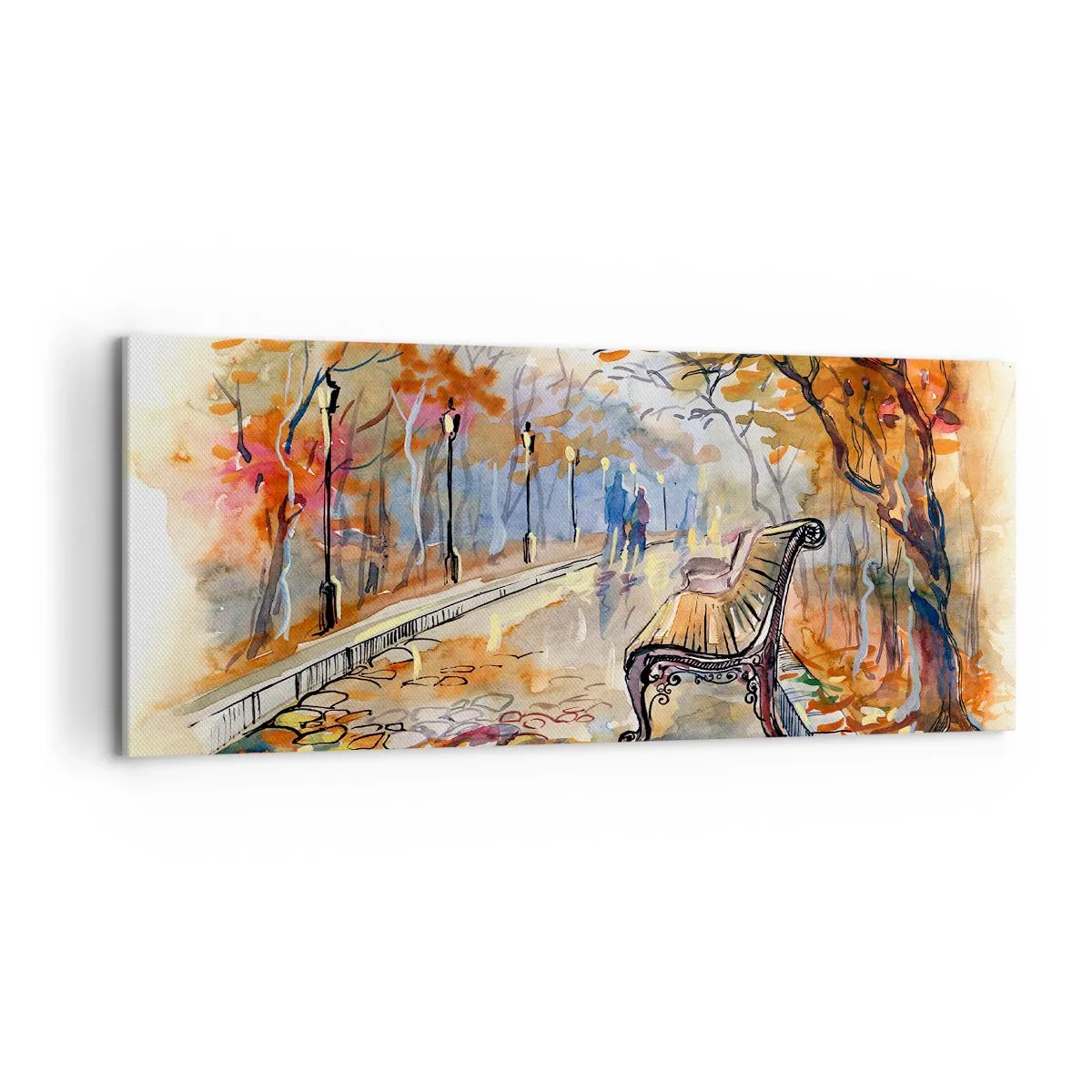 Bild auf Leinwand - Leinwandbild - Ein herbstlicher Park mit einer Bank in Aquarell - 120x50cm - Gemeinsam im Herbst wandern - Moderne Wanddekoration für Wohnzimmer und Schlafzimmer ARTTOR