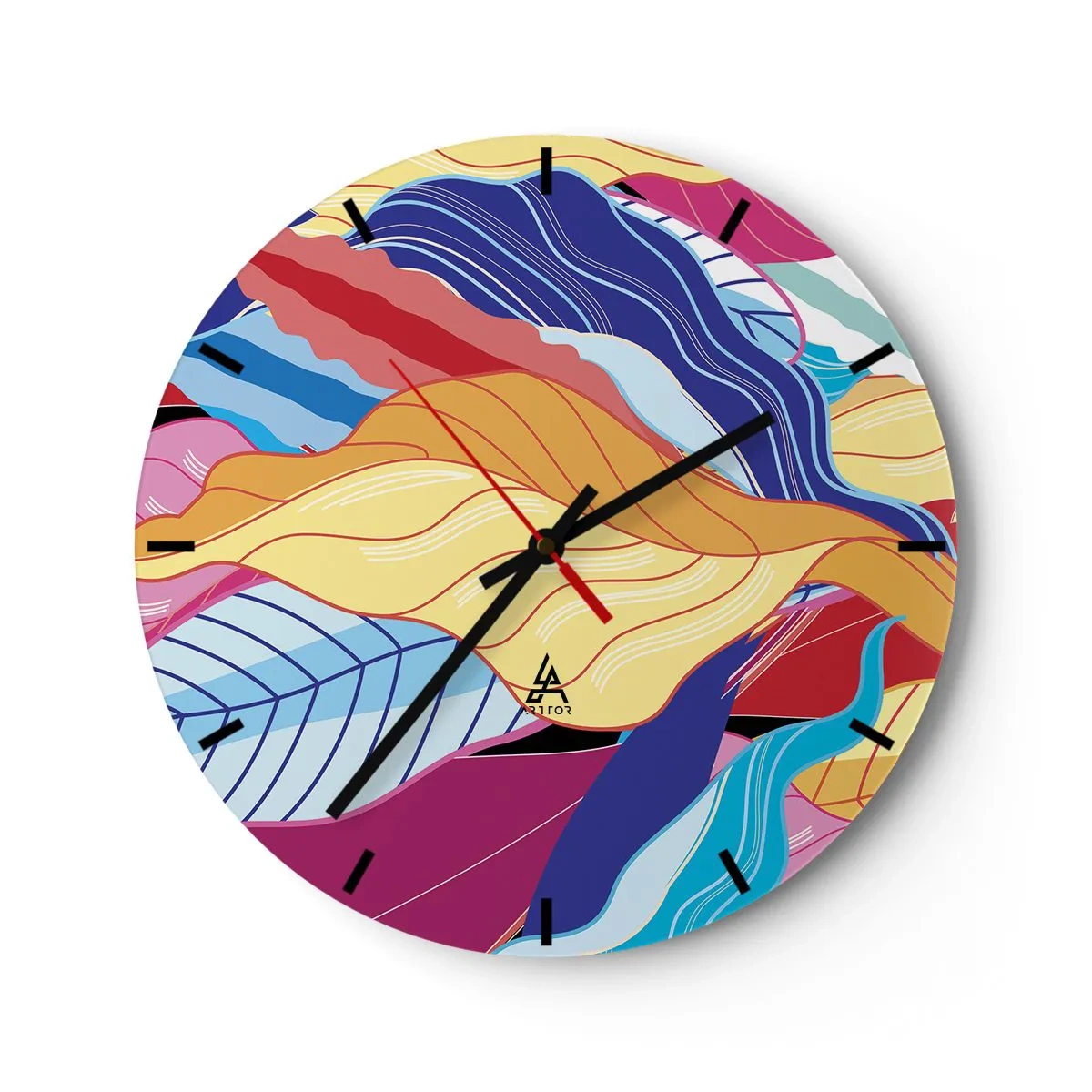 Wanduhr - Glasuhr - Farbenfrohe Abstraktion mit Blattmotiven und Wellenlinien - 30x30cm - Buntes Durcheinander - Moderne Wanddekoration für Wohnzimmer, Küche und Schlafzimmer ARTTOR