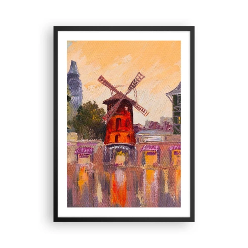 Poster in einem schwarzem Rahmen - Eine malerische Interpretation der berühmten Windmühle vor der Kulisse der Stadt - 50x70cm - Pariser Ikonen – Moulin Rouge - Moderne Wanddekoration für Wohnzimmer und Schlafzimmer ARTTOR