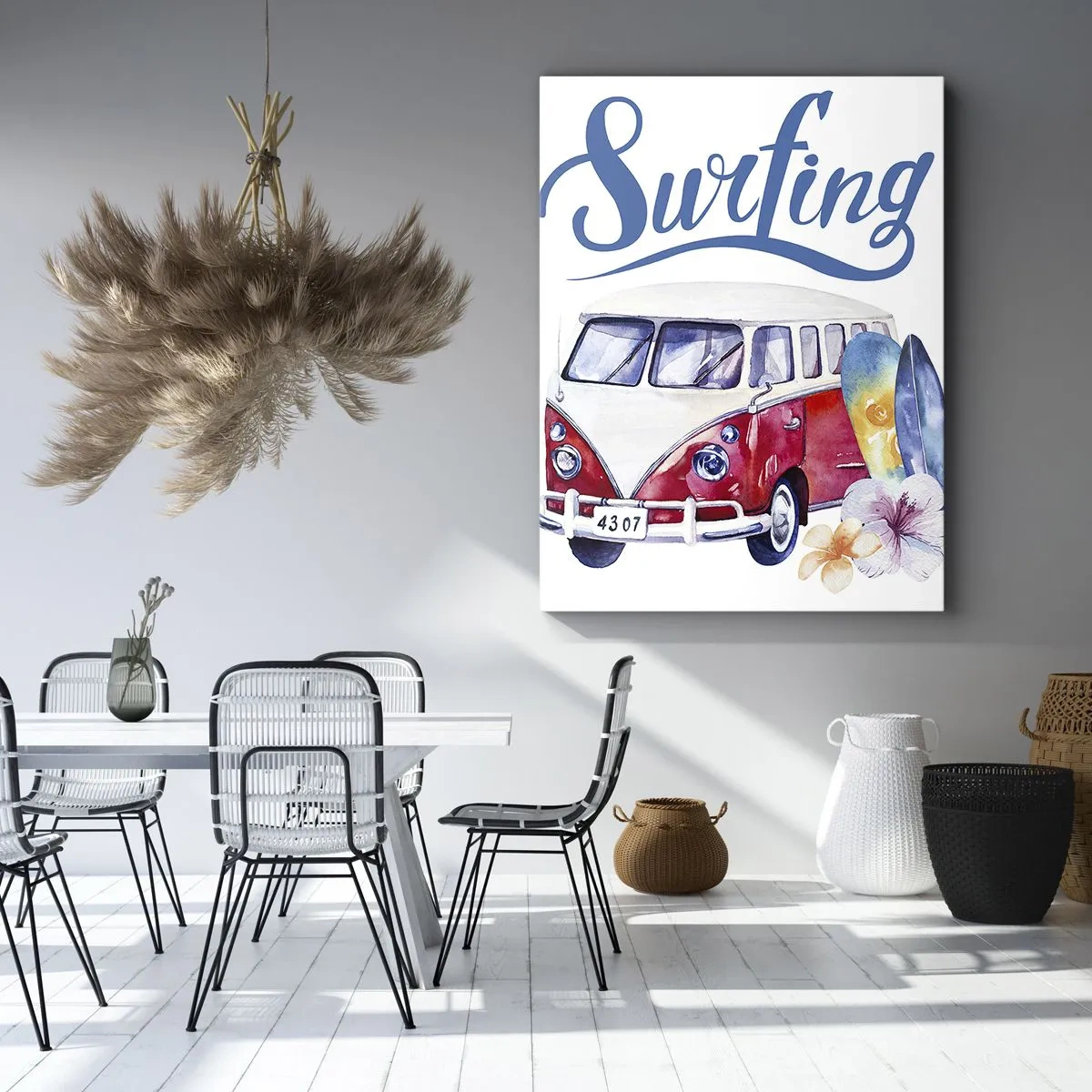 Bild auf Leinwand - Leinwandbild - Bunte Grafiken mit einem Bus und einem Surfthema - 80x120cm - Gurke - ein Klassiker für einen Surfer - Moderne Wanddekoration für Wohnzimmer und Schlafzimmer ARTTOR