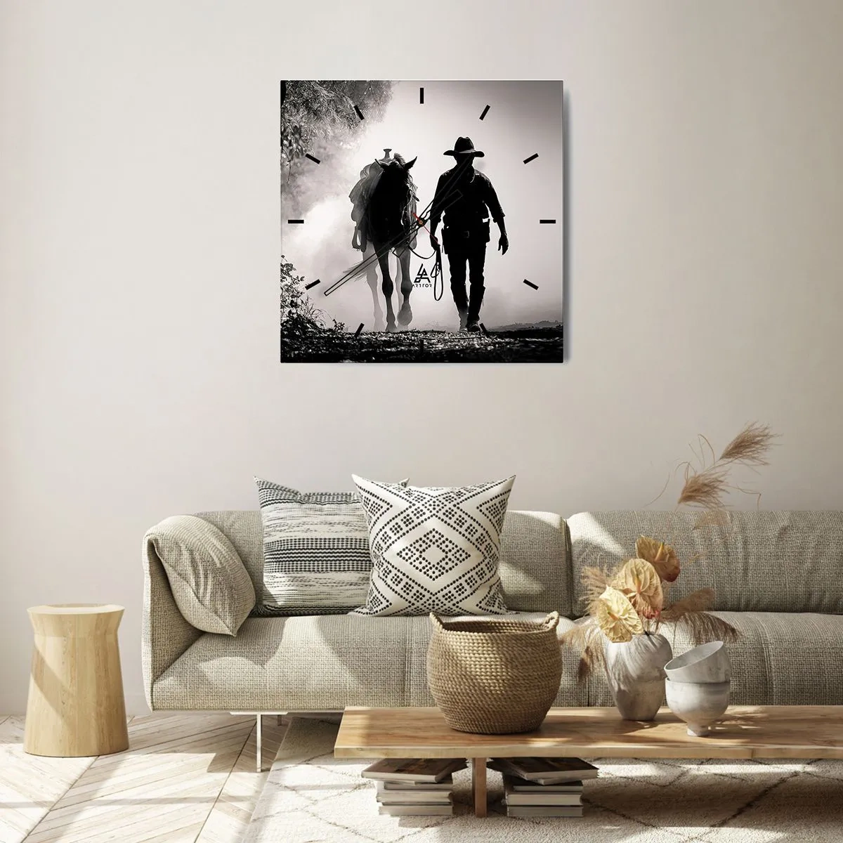 Wanduhr - Glasuhr - Cowboy mit Pferd im Morgennebel - 30x30cm - Texas-Morgen - Moderne Wanddekoration für Wohnzimmer und Schlafzimmer ARTTOR