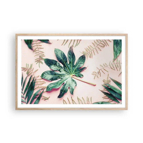 Poster in einem Rahmen aus heller Eiche - Eine Studie von Grün auf einem rosa Hintergrund - 91x61 cm