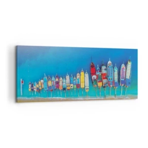 Bild auf Leinwand - Leinwandbild - Bunte Boote in einer Reihe am Ufer aufgereiht - 120x50cm - Aus der Vogelperspektive - Moderne Wanddekoration für Wohnzimmer und Schlafzimmer ARTTOR