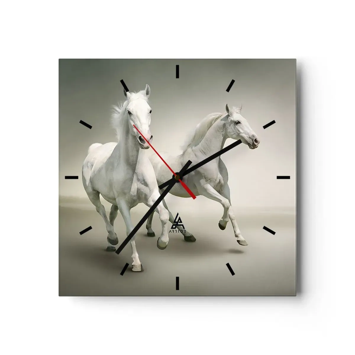 Wanduhr - Glasuhr - Zwei weiße Pferde galoppieren vor hellem Hintergrund - 30x30cm - Weiße Macht! - Moderne Wanddekoration für Wohnzimmer und Schlafzimmer ARTTOR