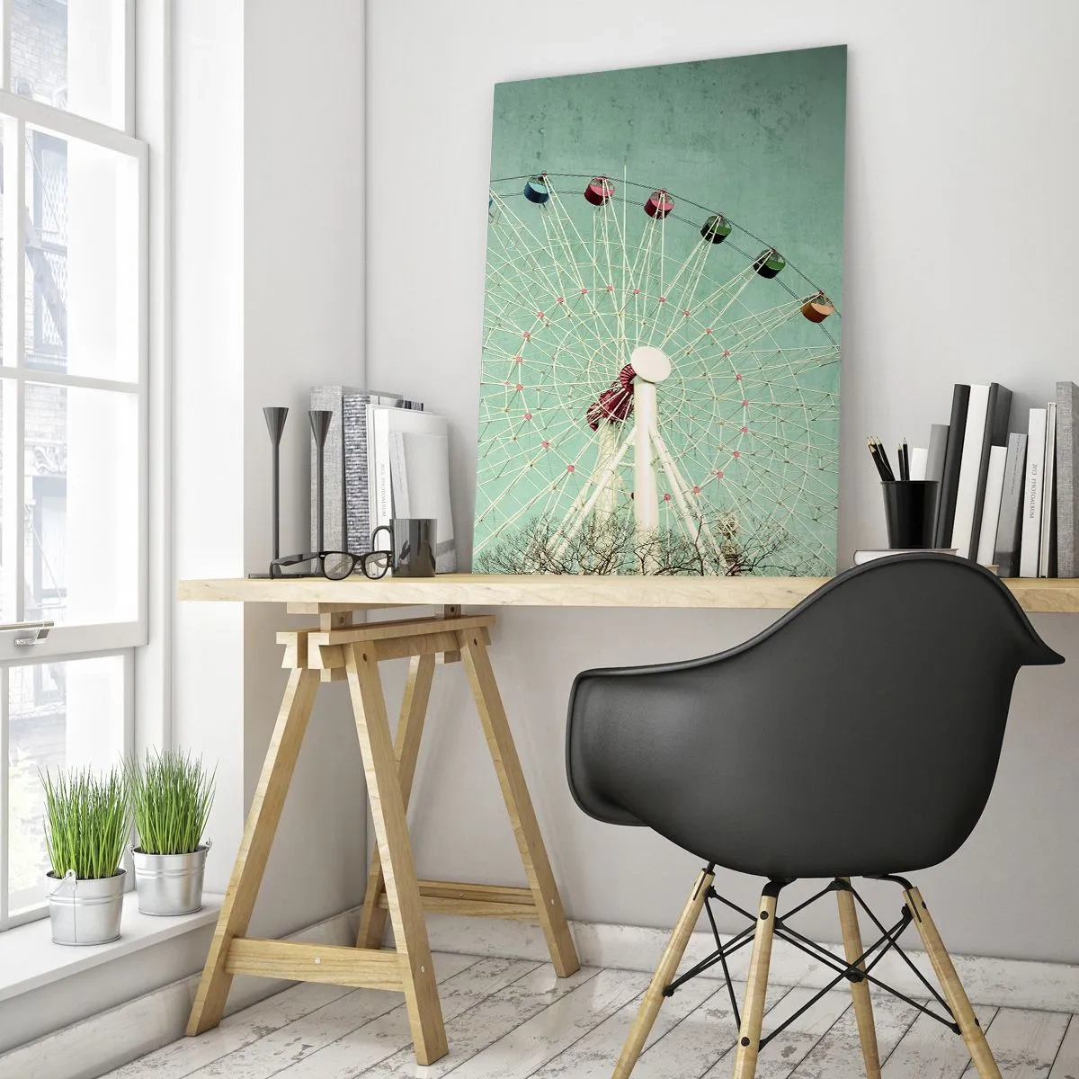 Glasbild - Bild auf glas - Ein buntes Riesenrad vor blauem Himmel im Retro-Stil - 70x100cm - Wir laden zum Spiel ein - Moderne Wanddekoration für Wohnzimmer und Schlafzimmer ARTTOR