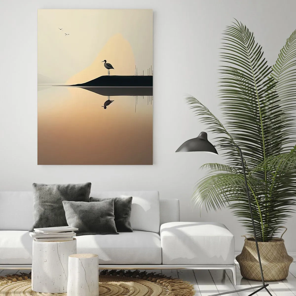 Glasbild - Bild auf glas - Ein Vogel auf einer Insel in einem ruhigen See mit warmen Farbtönen - 80x120cm - Herr am See - Moderne Wanddekoration für Wohnzimmer und Schlafzimmer ARTTOR