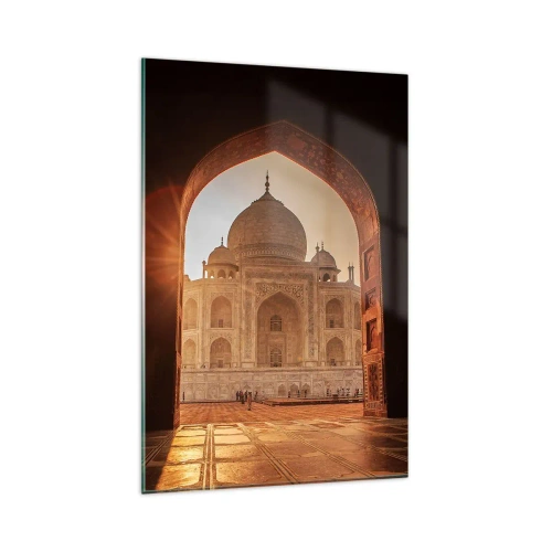 Glasbild - Bild auf glas - Taj Mahal im Sonnenlicht vom Torbogen aus gesehen - 80x120cm - Denkmal der überirdischen Liebe - Moderne Wanddekoration für Wohnzimmer und Schlafzimmer ARTTOR